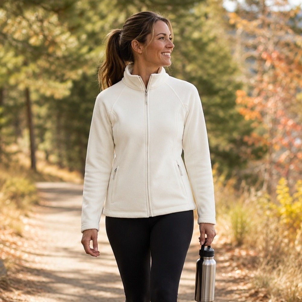 Lands End Womens Fleece Jacket S Ivory Full Zip Outdoor Activewear Casual Staple